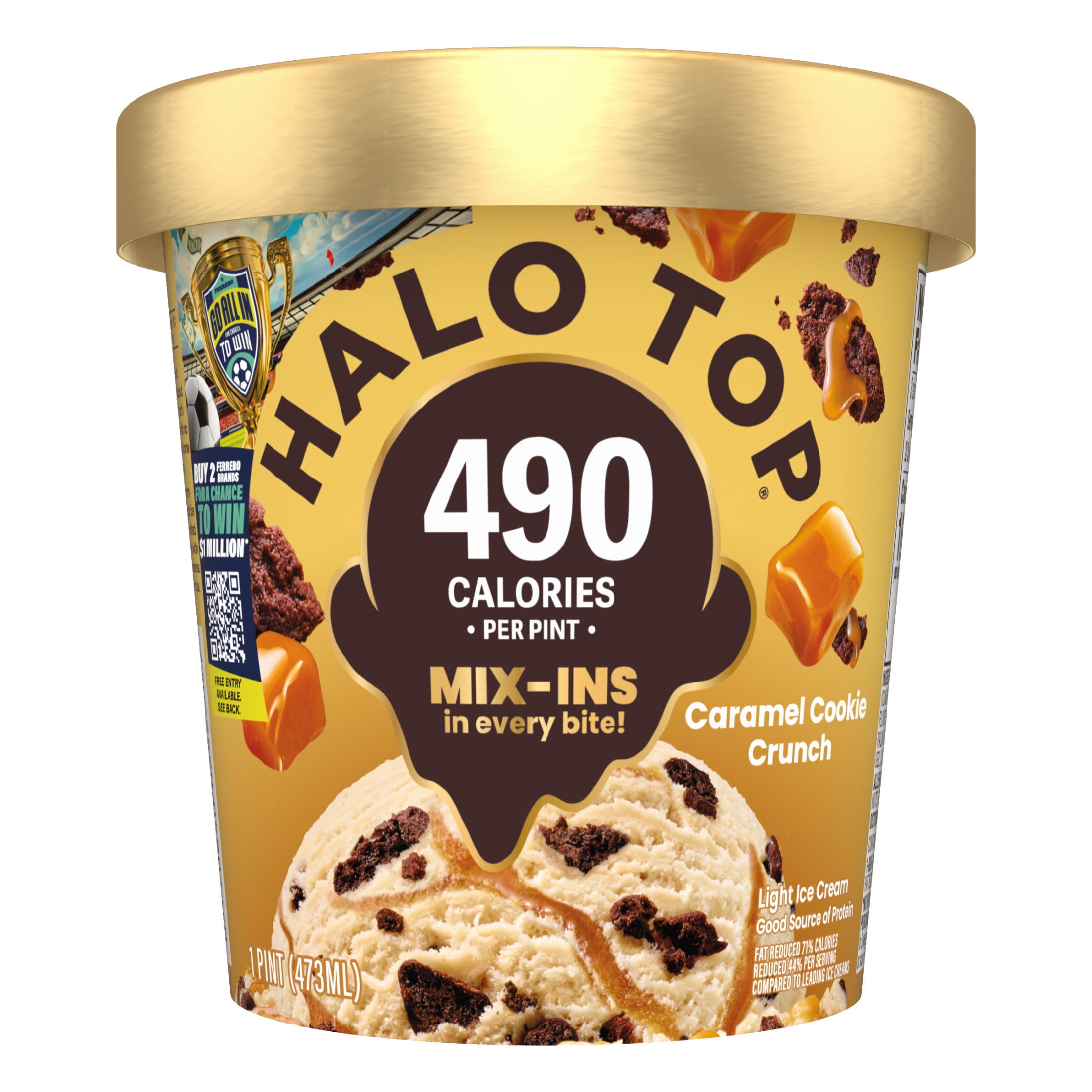 Halo Top Caramel Dark Chocolate Cookie Crunch Light Ice Cream, Lower Calorie Frozen Dessert Pint, 16 fl oz