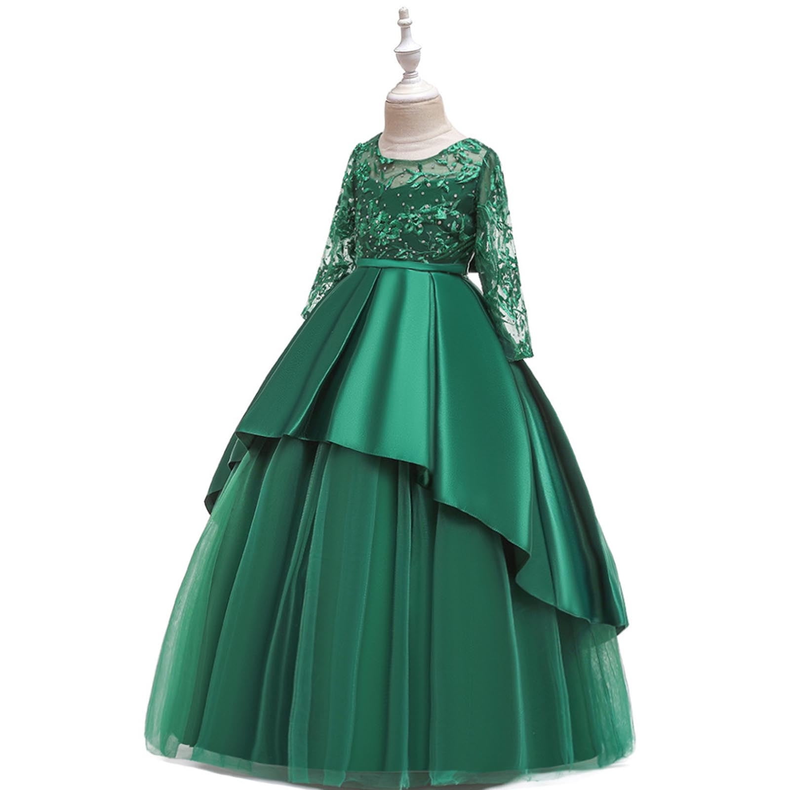 JSGEK Girls Applique Tulle Lace Long Sleeve Dress Princess Wedding Birthday Pageant Party Communion Prom Long Maxi Ball Gown Green 7 Years
