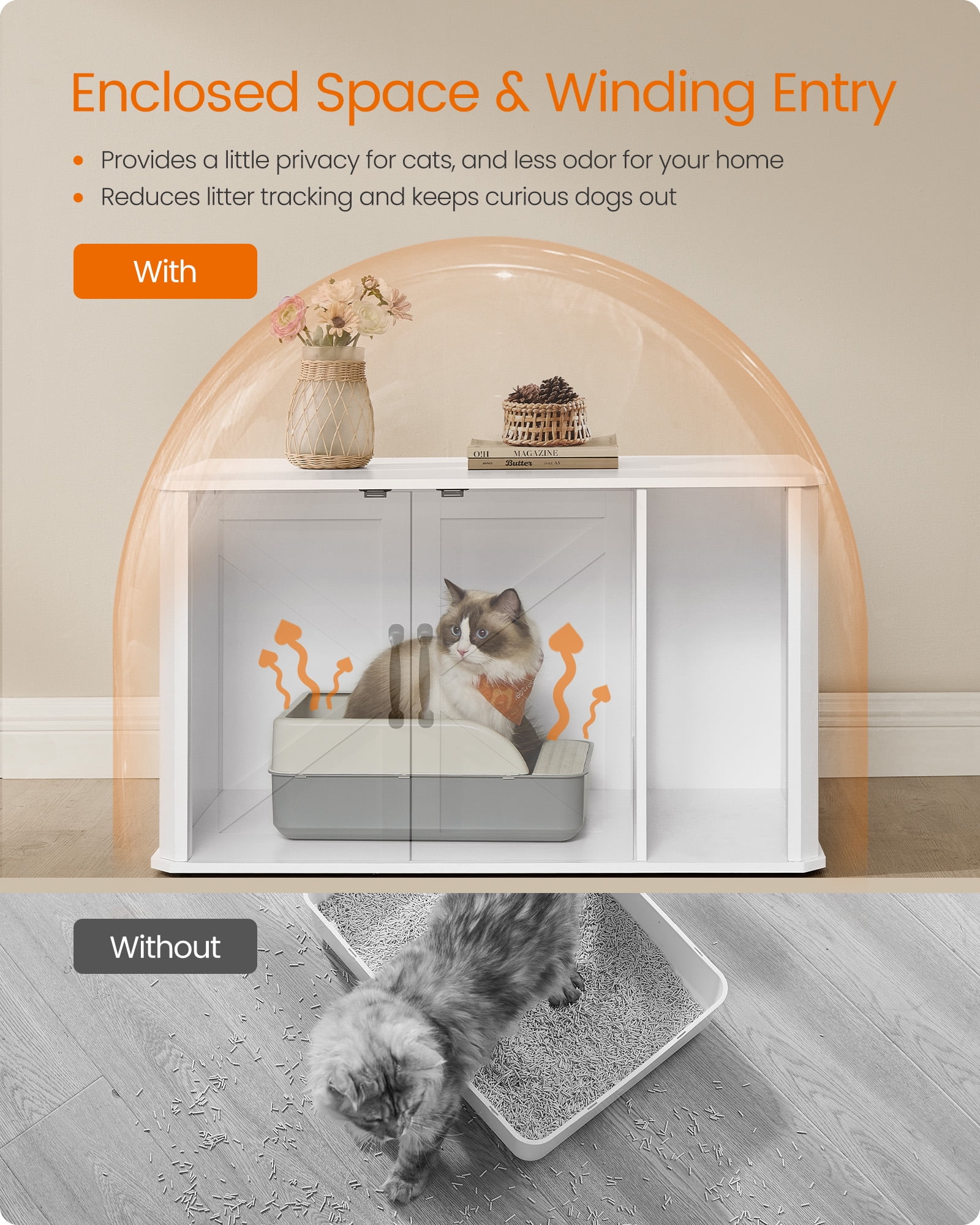Litter Box Enclosure, Modern Cat Litter Box Furniture Hidden, with Front Entry, Double Doors, Handles, Cat House, Side End Table, 33.5 x 19 x 19.5 Inches, Cloud White