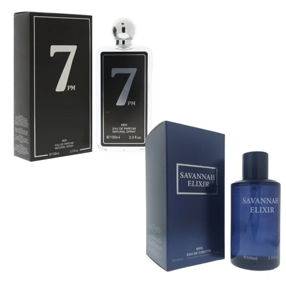 Men’s Cologne Gift Set 2 Pack – 7PM Men & Savannah Elixir Eau de Parfum 3.3 oz Each – Warm, Spicy & Woody Night Fragrance Duo – Long Lasting Perfume for Men