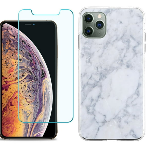 For Apple iPhone 11 Pro Max Phone Case , Slim-Fit TPU Case with Tempered Glass Screen Protector, by OneToughShield ® - Marble / Clouds