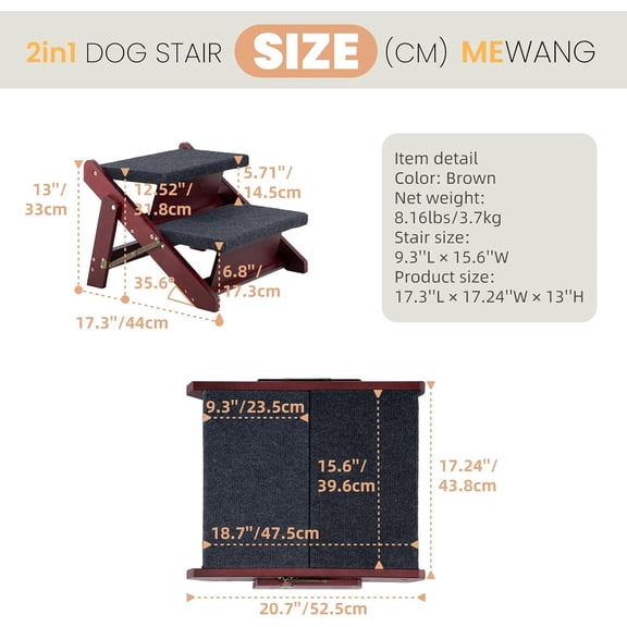 Wooden Pet Stairs - 2-in-1 Foldable Steps & Ramp for Beds Cars - Portable Dog Cat Ladder Up to 90 Pounds - Brown