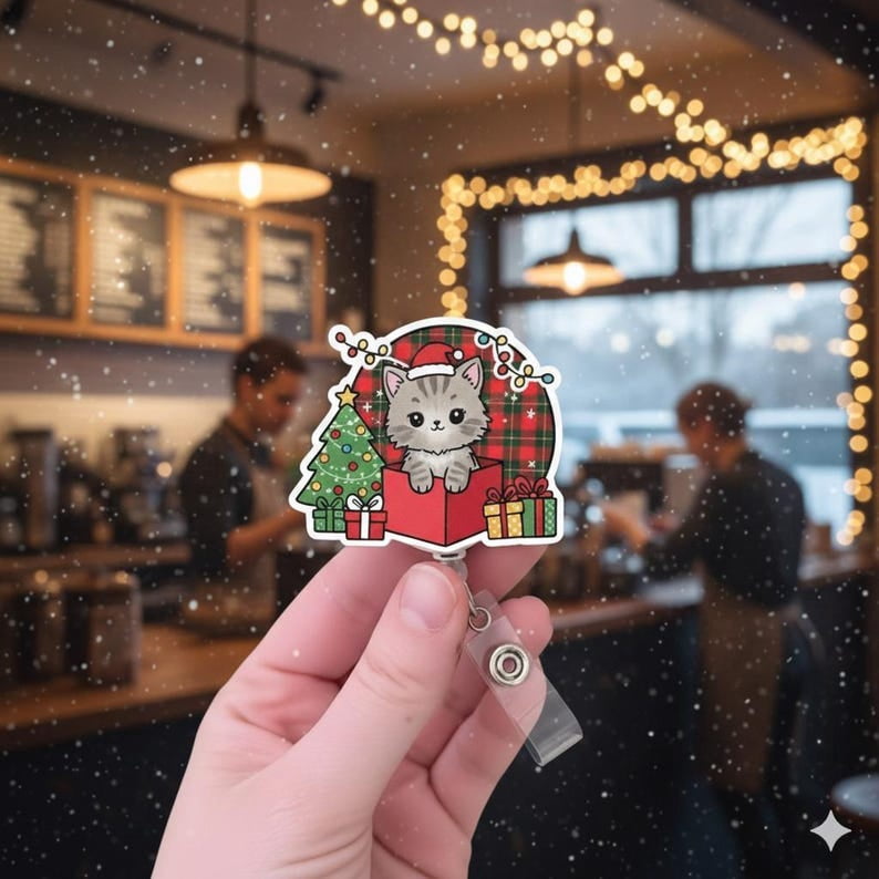 TiniDecor Christmas Cat Badge Reel, Retractable ID Holder, Cute Holiday Gift for Nurses