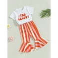 thumbnail image 3 of TSEXIEFOOFU Kids Girls Summer Outfits Letter Print Short Sleeve T-shirt and Elastic Rainbow Stripes Flare Pants Set, 3 of 9