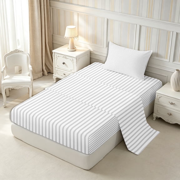 Castle Fairy Clean Minimalist Vertical Stripe Twin Sheets 3pcs,Geometric Thin Band Bedding,White Light Gray,1 Flat Sheet, 1 Fitted Sheet and 1 Pillowcase