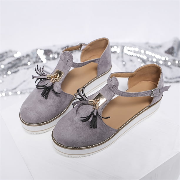 Zapatos de plataforma en forma de T hueca Baotou con borlas de verano, sandalias con hebilla de gamuza Wmkox8yii shjk4911