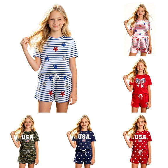 Heydday Kids 4th of July Outfit 2 Piece Set for Girls Boys American Flag Shirt and Shorts Patriotic USA 250 Anniversary(Blue/2-3 Years)