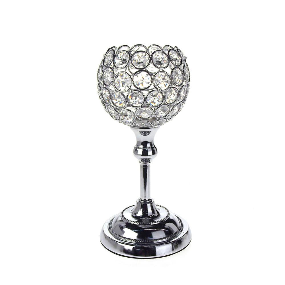 Crystal Globe Candle Holder Metal Centerpiece, Silver, 9Inch