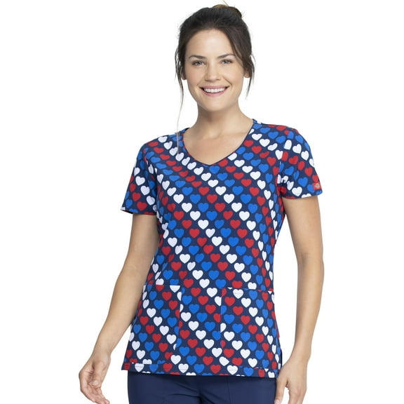 Dickies EDS Women Scrubs Top, V-Neck, Plus Size, DK852, 4XL, Americana Hearts