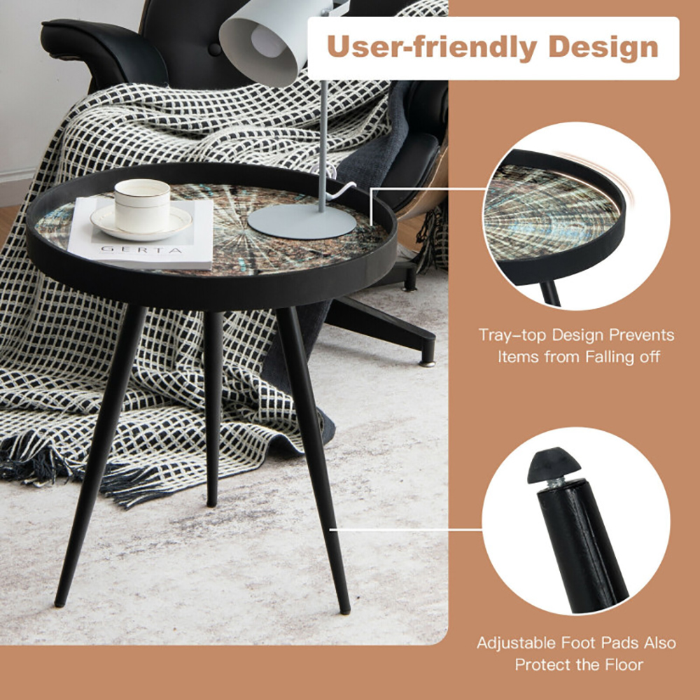 Finihen End Side Table, Round Coffee Table, Modern Round End Table with Wooden Tray Top, for Living Room, Bedroom, Black Finihen End Side Table, Round Coffee Table, Modern Round End Table with Wooden Tray Top, for Living Room, Bedroom, Black