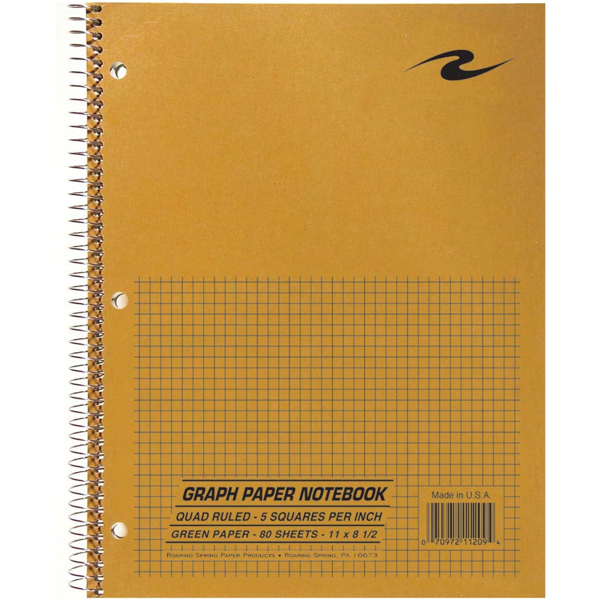 Roaring Spring 5x5 Graph Ruled Spiral Lab Notebook, 1 Case (24 Total), Brown Kraft Cover, 8.5" x 11" 80 Sheets, Green Paper
