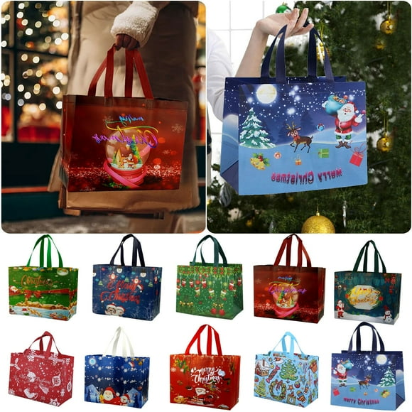 Christmas Gift Bags Tote-Bag with Handles-10 Pack Reusable Non-Woven Xmas Party Supplies Presents Holiday Santa Claus Merry Christmas Pattern for New Year's Shopping L12.6"xH9.8"xW6.7"(32x25x17cm)