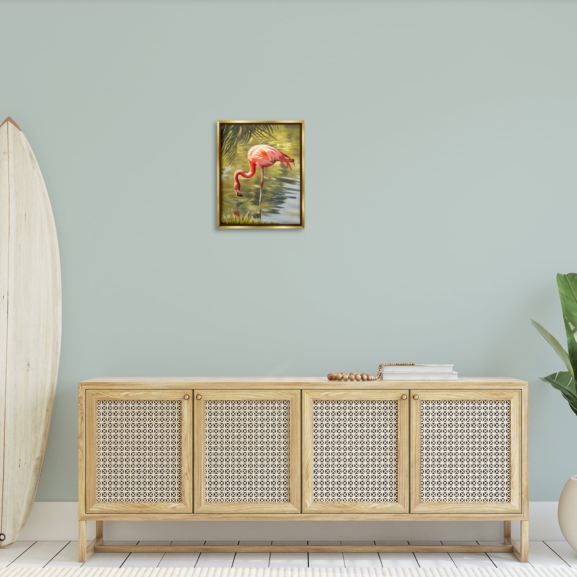 Stupell Industries Flamingo Shallow Pond Animals & Insects Painting Gold Floater Framed Canvas Art Print Wall Art, 17 x 21