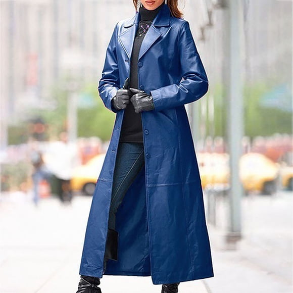 Meichang Women Faux Leather Long Coat Plus Size Ladies Zip Up Slim Leather Trench Jackets Full Length Black Overcoat S-5XL
