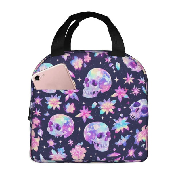 Easygdp crystal Skull flower cool Bolsa Térmica Premium - Tela Oxford Impermeable, Gran Capacidad, Bolsillo Frontal, Unisex para Trabajo, Escuela, Actividades al Aire Libre y Picnics