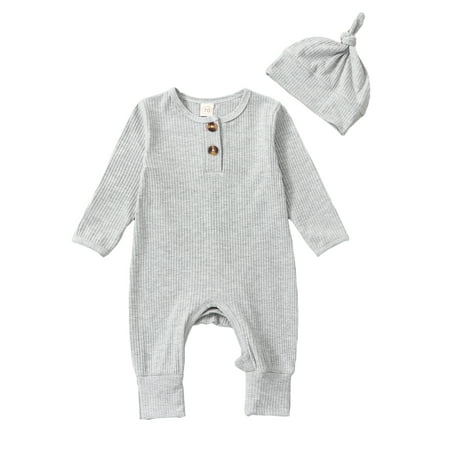 

TFFR Newborn Infant Baby Jumpsuit Set Ribbed Long Sleeve Romper and Beanie Hat for Girl Boy