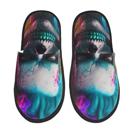 Balery Modern Abstract Colorful Skull A Slient Indoor Furry Fleece Comfort House Shoes Soft Non-Slip Home Shoes Cotton slippers House Slippers-- Large