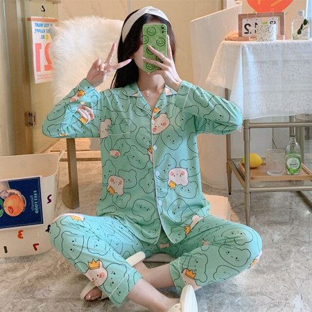 

CoCopeaunt Autumn New Style Pajamas Womens Long-sleeved Trousers Two-piece Loose Casual Home Wear Womens Cotton Pajamas Sleep Tops