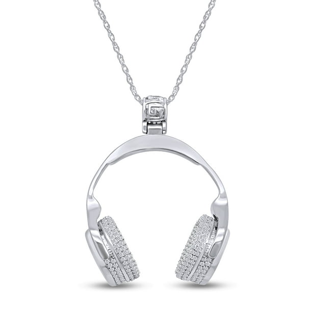 Jewel Zone Us Round Sparkling White Cubic Zirconia Music Lover Headphone Pendant Necklace 14k White Gold Over Sterling Silver 18 Chain Walmart Com Walmart Com