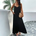 thumbnail image 5 of Xmarks Women Summer Casual Spaghetti Strap Maxi Dress V-Neck Sleeveless Solid Color Beach Party Long Dress with Pockets, 5 of 8