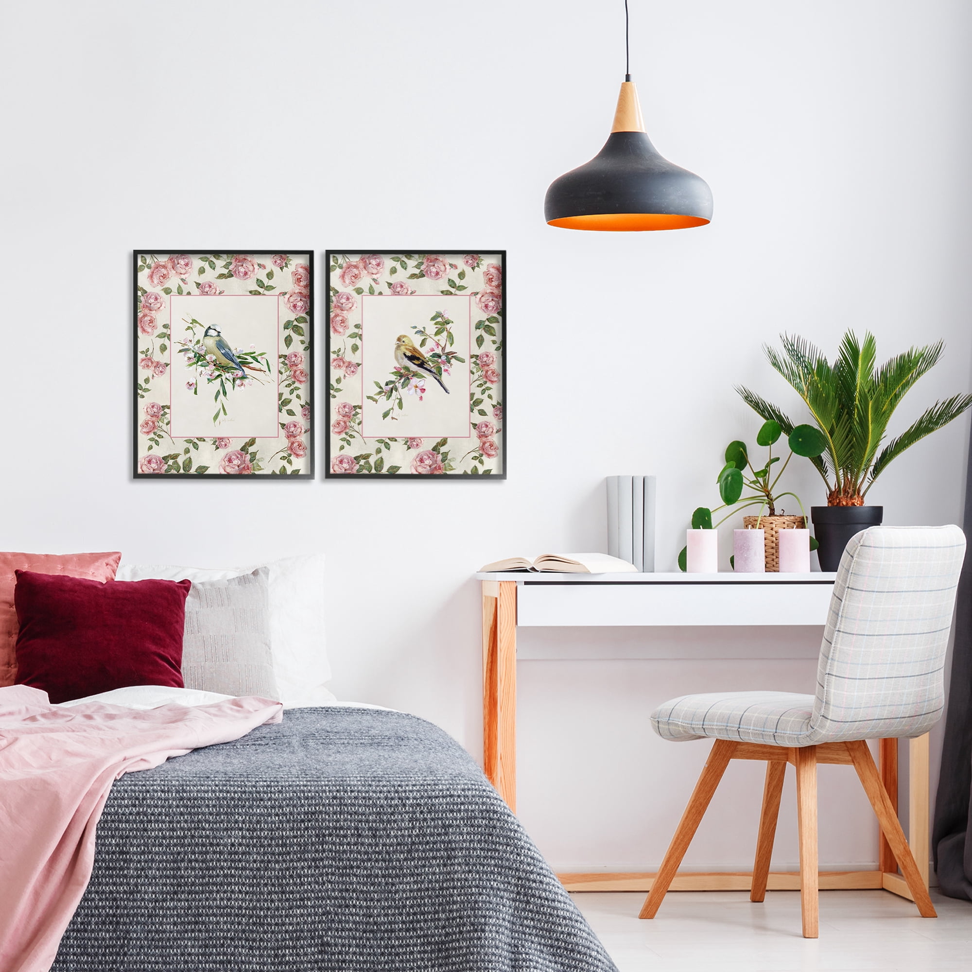 Stupell Industries Dainty Roses & Birds 2 Piece Black Framed Giclee Art Set, design by Sally Swatland