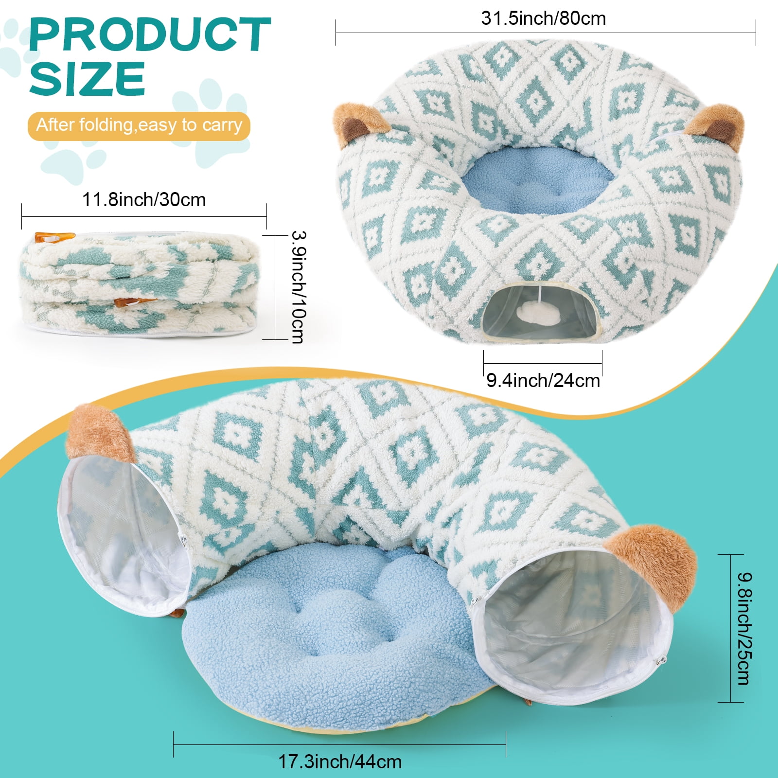 Cat Tunnel Bed with Soft Cushion, Cat Donut Tunnels for Indoor Cats, Peekaboo Cat Cave Toy, Multifunctional Playground Toys for Kittens, Rabbit, Blue Jacquard Pattern