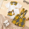 thumbnail image 2 of Kaprioy Baby Boy Outfit Summer Gentleman Suit Letter BEEP Tractor Print Short Sleeve Bowtie Romper Plaid Suspender Overalls Shorts Set, 2 of 5