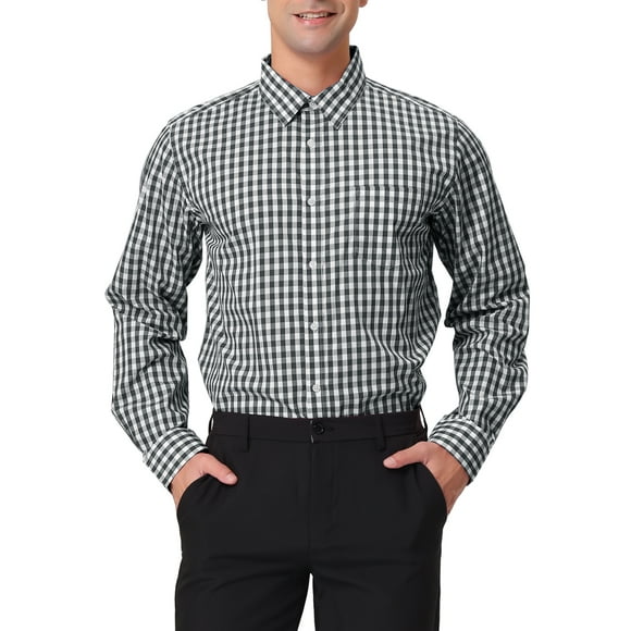 INSPIRE CHIC Men's Shirts Plaid Long Sleeve Button-Down 100% Cotton Dress Shirt L Black White