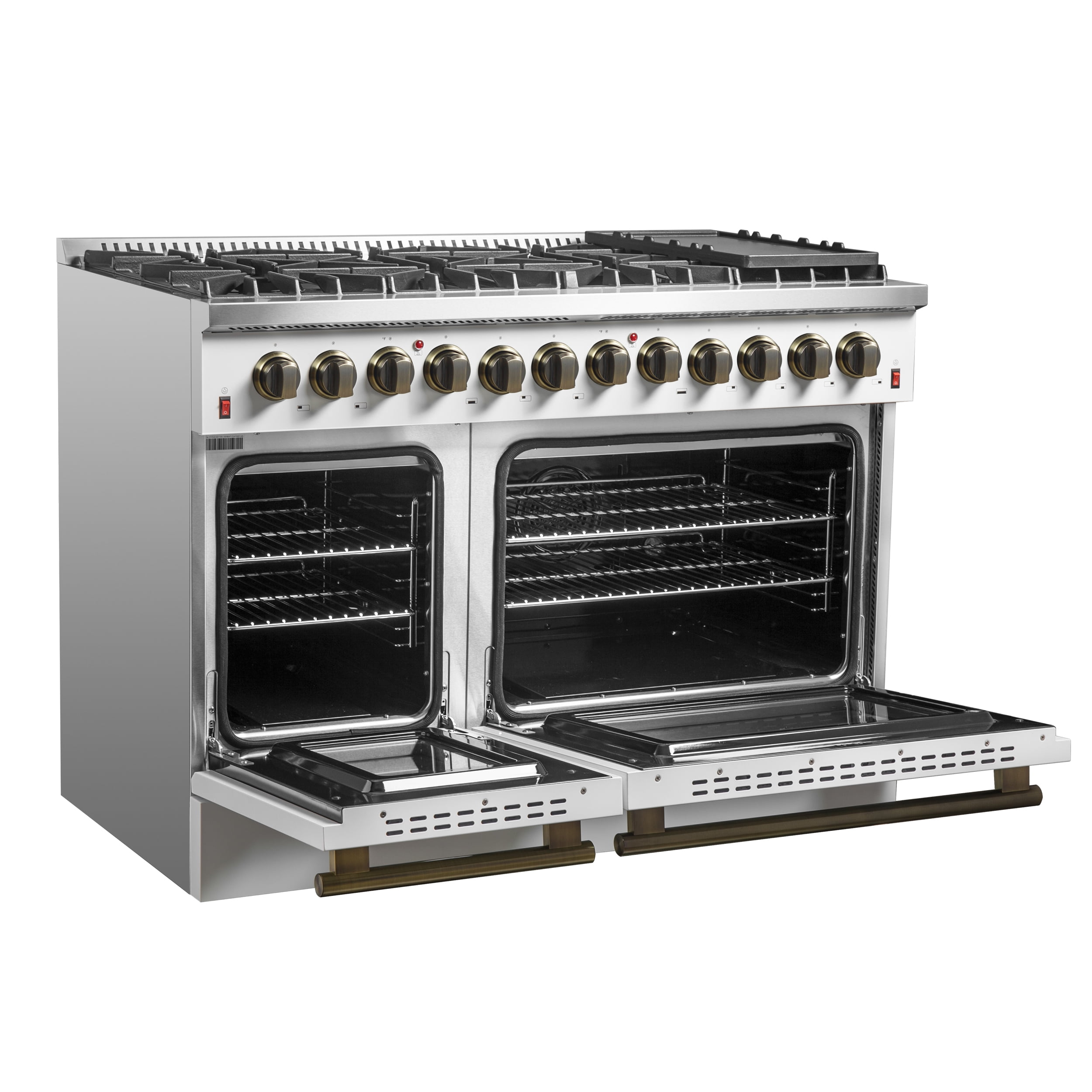 Galiano 48-inch Dual Fuel Range White  Antique Brass Design with 8 Sealed Burners 107,000 BTU, 6.58 cu. ft. double ovens  Griddle
