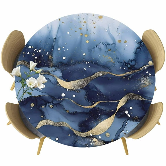 Abstract Ombre Navy Blue Gold Marble Round Fitted Table Cover Nautical Waterproof Table Cloth with Elastic Edge Wipeable Tablecloth for Picnic Camping Party Fits 45"-54" Diameter