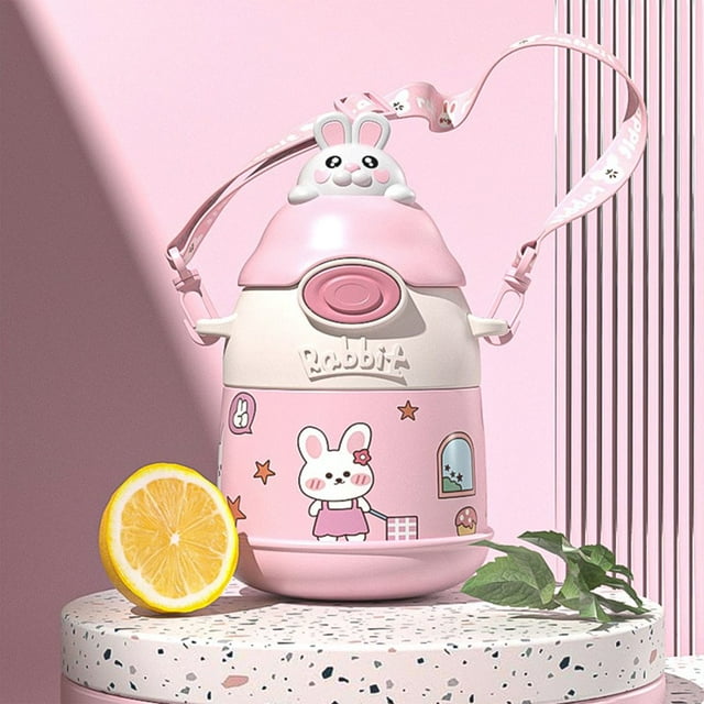MesaSe Children Straw Cup Thermos Cup For Outdoor Water Cup Travel School Straw Mug Kawaii Gift Stainless Steel With Shoulder Cute Cartoon Gifts
