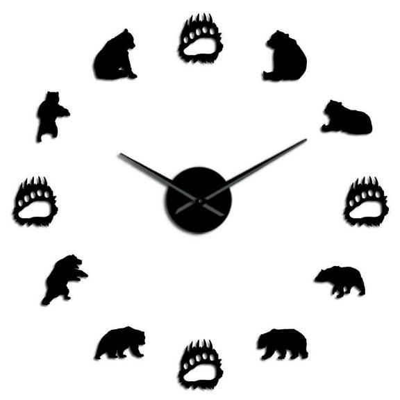 Forest Bears Family Silhouette Wall Art Acrylic Stickers Silent Movement Wall Clock Wildlife Nursery Decor Frameless Wall Watch(Black,27inch)