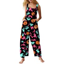 WTOBBY Halloween Themed Women's Casual Jumpsuit in Sleeveless Cotton Design, Printed for Style, Comfortable Loose Fit Perfect for Daily Activities,MulticolorXL