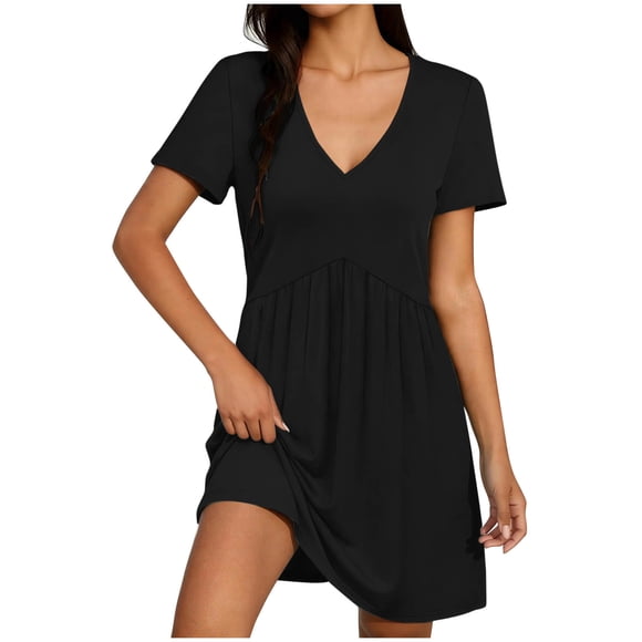 cfhntfmh Women's Summer Dresses Solid Classic Fit Lounge Midi Dress Comfortable V Neck Short Sleeve A-Line Sun Dress