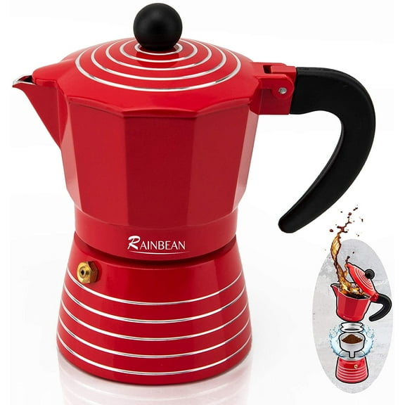 RAINBEAN Stovetop Espresso Maker 6 Cup Moka Pot,Italian Cuban Greca Coffee Maker,Aluminum Durable and Easy to Use & Clean,300ml (Red)