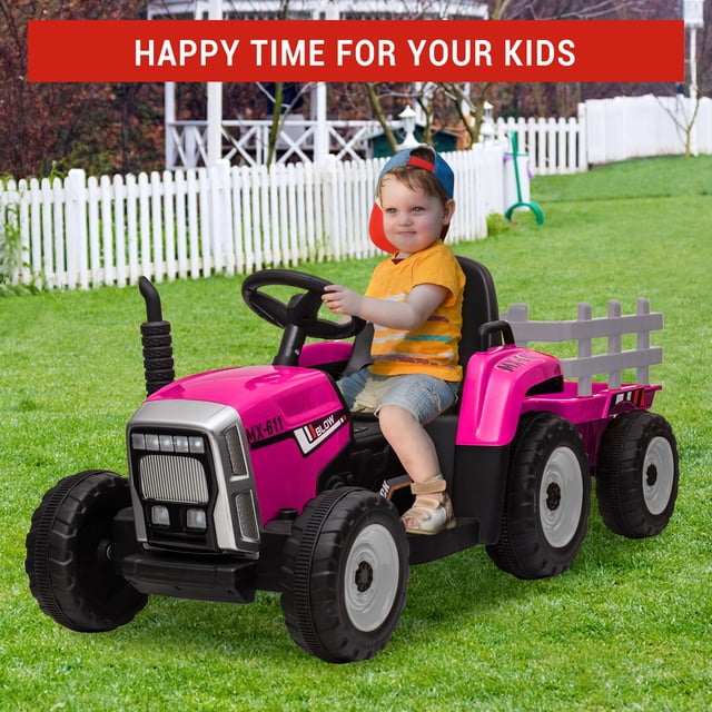 Kojooin Kids Ride On Tractor with Detachable Trailer, 12V Electric Ride On Toy with Remote Control and LED Headlights