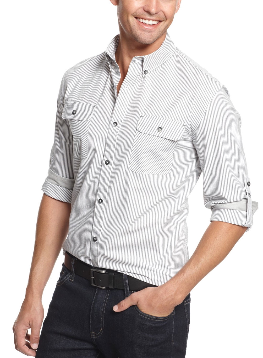DKNY DKNY JEANS Mens ButtonUp Shirt XL White and Gray Striped Long
