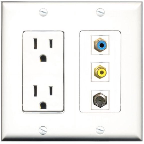 RiteAV - 15 Amp Power Outlet 1 Port RCA Yellow 1 Port RCA Blue 1 Port Coax Decorative Wall Plate