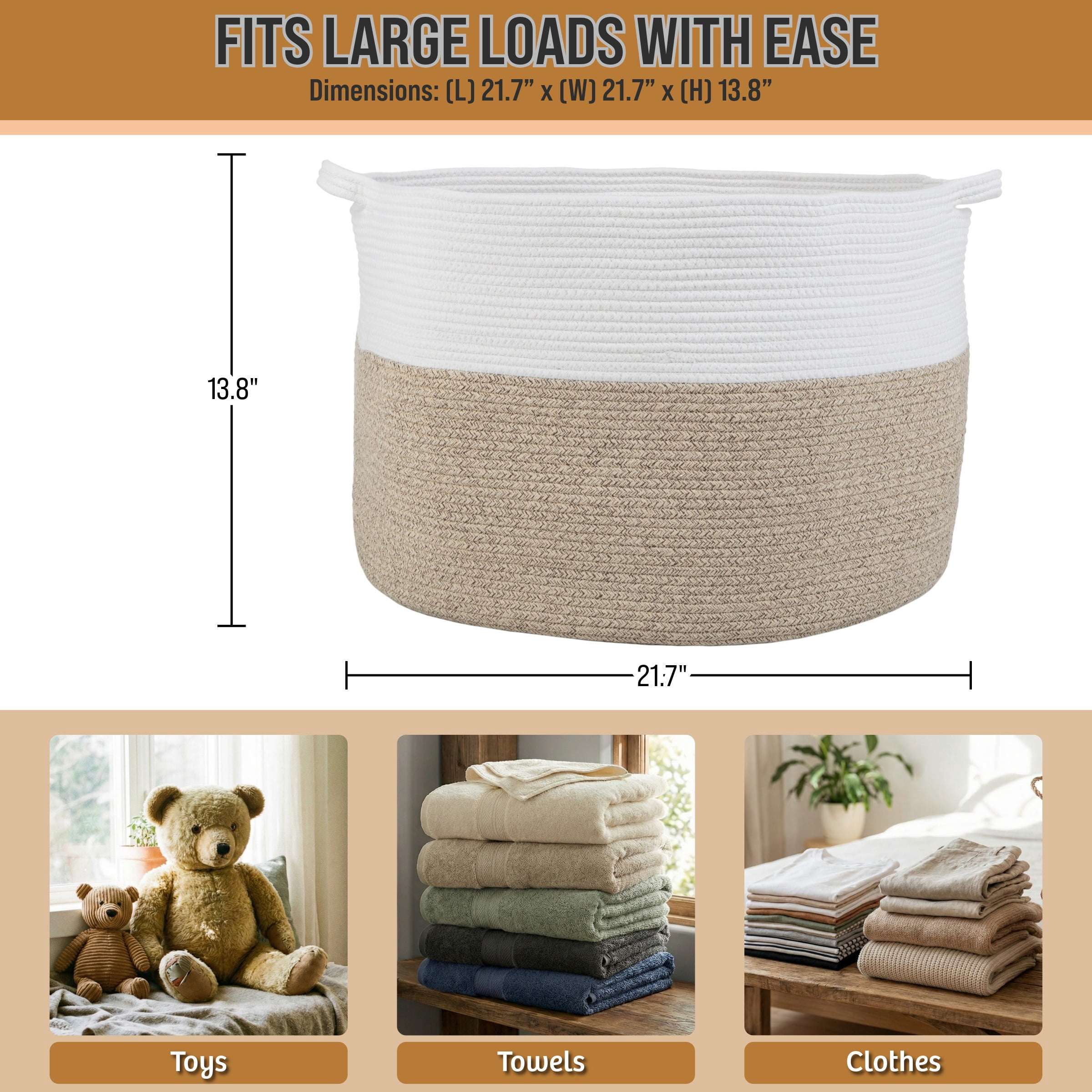 Home-Complete Extra-Large Rope Basket for Laundry, Blankets, and Toys, Natural