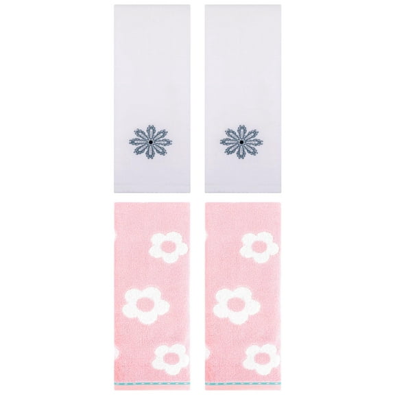 Unique Bargains Floral Cotton Soft Hand Towel 4 Pcs Pink/White 14" x 30"/13" x 30"