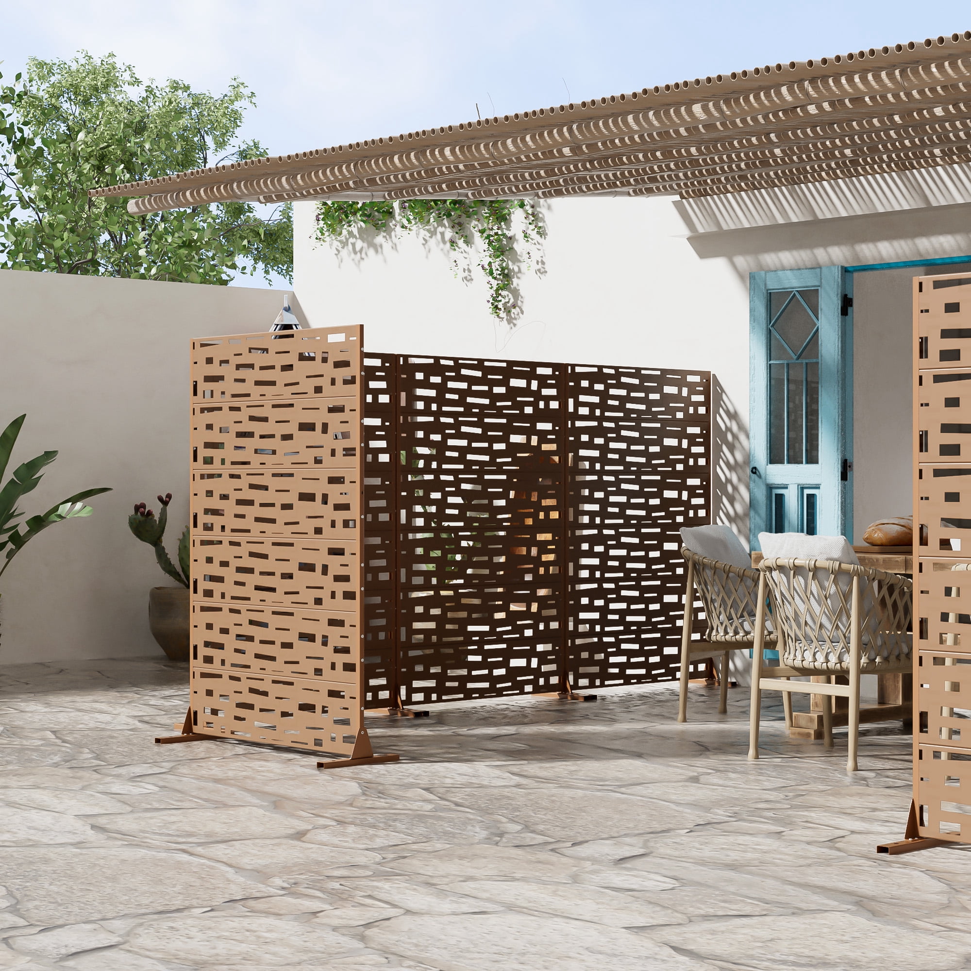 MAYEERTY 72 × 47in Outdoor Privacy Screen with Stand Metal Balcony Decorative Screen, Brown