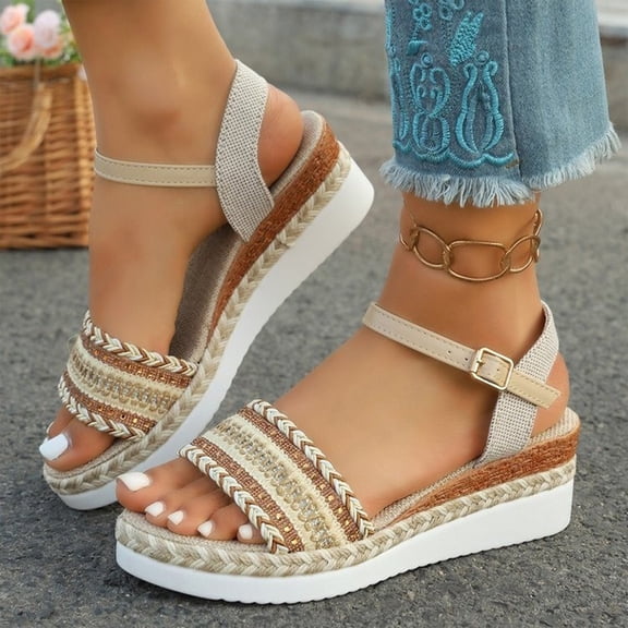 CHWshoes Women's Wedge Sandals Boho Rhinestone Open Toe Wedges Comfortable Ankle Strap Espadrille Shoes Summer Casual Vacation Beach,Gold Size 37