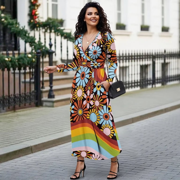 Fkelyi Womens Fall Dress Long Sleeve Maxi Dress for Wedding Party Groovy Hippie Flower Print Casual Outdoor Cloth V Neck Soft Dresses with Pocket, L, Fkelyi Womens Fall Dress Long Sleeve Maxi Dress for Wedding Party Groovy Hippie Flower Print Casual Outdoor Cloth V Neck Soft Dresses with Pocket, L,