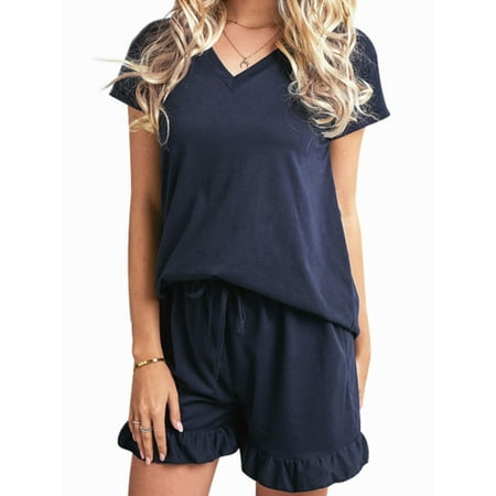 

STARVNC Women 2 Pieces Short Sleeve Solid Color Pajamas Set