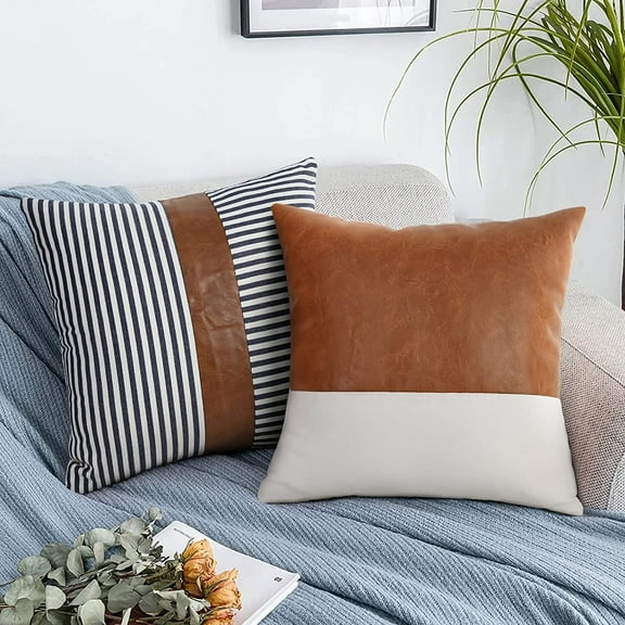 Farmhouse Decoration Pillow Covers 18x18 inch Set of 2 Modern Faux Leather and Ticking Stripe Boho Indoor Decor for Couch Sofa