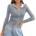 thumbnail image 1 of Cardigan Côtelé à Double Fermeture Éclair pour Femmes Crop Top Ajusté avec Col, 1 of 4
