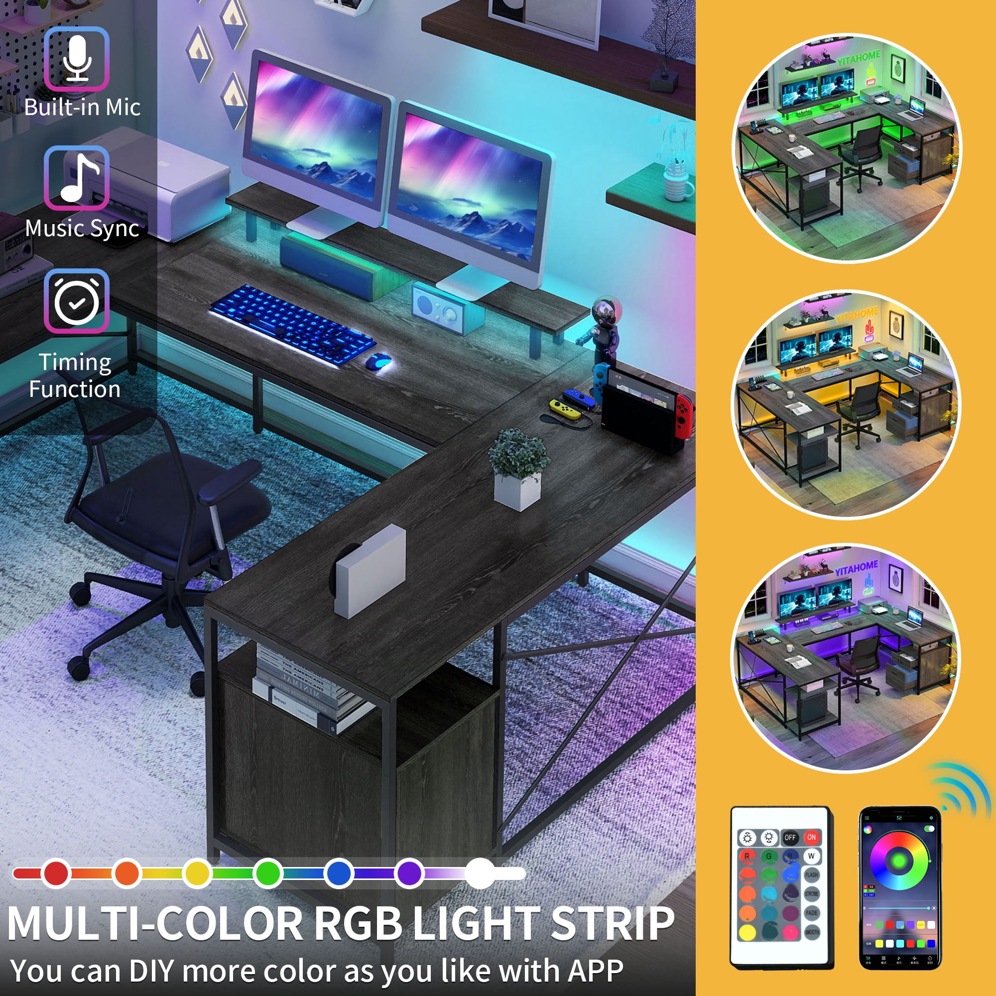 Uforic U Shaped Computer Desk with Power Outlets and LED Lights, Reversible L Shape Desk for Home Office, Gray