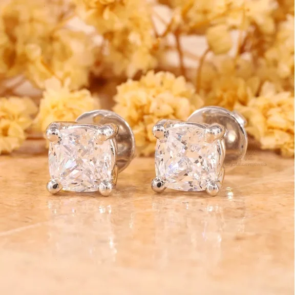 3CT Cushion Cut Solitaire Lab Created Diamond Stud Earrings 14k White Gold Over