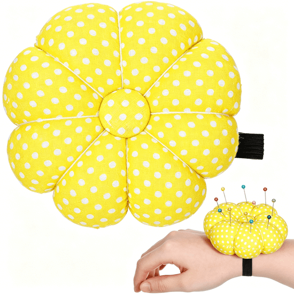 TUWAFE Wrist Pin Cushion for Sewing Pumpkin Wristband Pins Cushions with Elastic Strap for Needlework Supplies Diy Crafts,Yellow Pumpkin Shape
