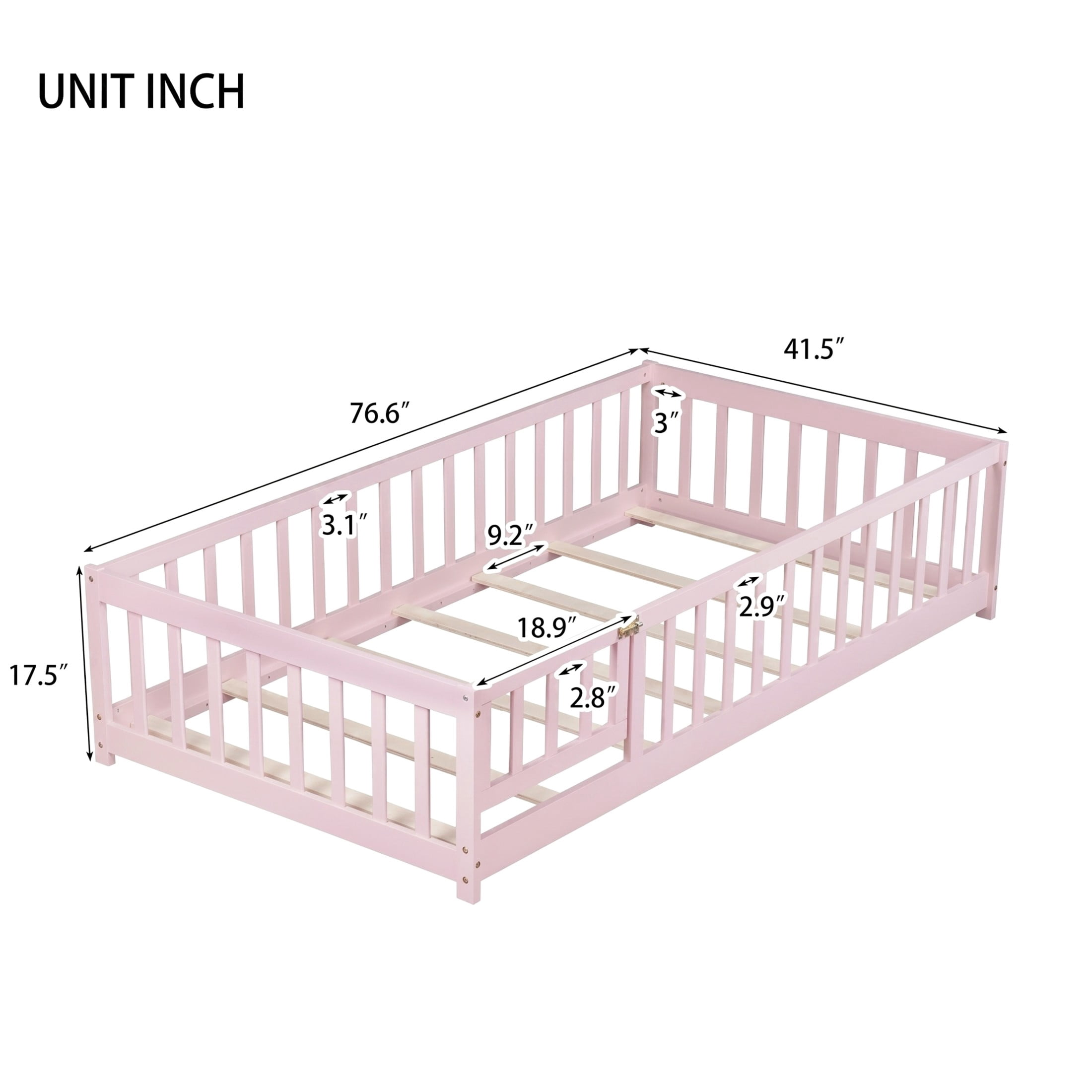 Noble House Wahid Twin Size Floor Bed with Safety Guardrails & Latching Door,  Rubber Wooden Bed Frame, Pink